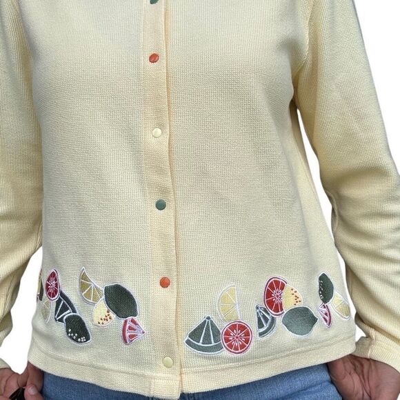 New Christopher & Banks Yellow Embroidered Citric Fruits Cardigan Sweater Size S - Picture 5 of 9